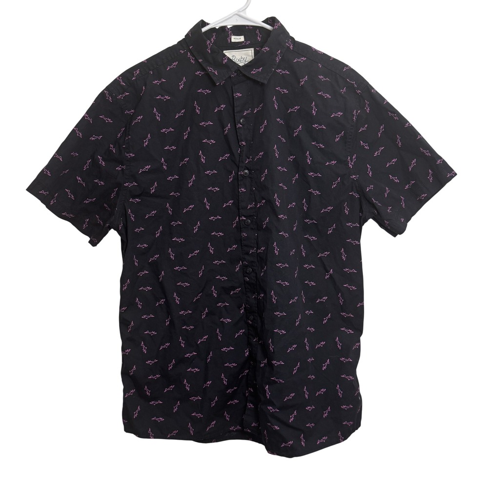 Bixby Nomad Mens Large Shark Print Short Sleeve Button Down Shirt Black Pink